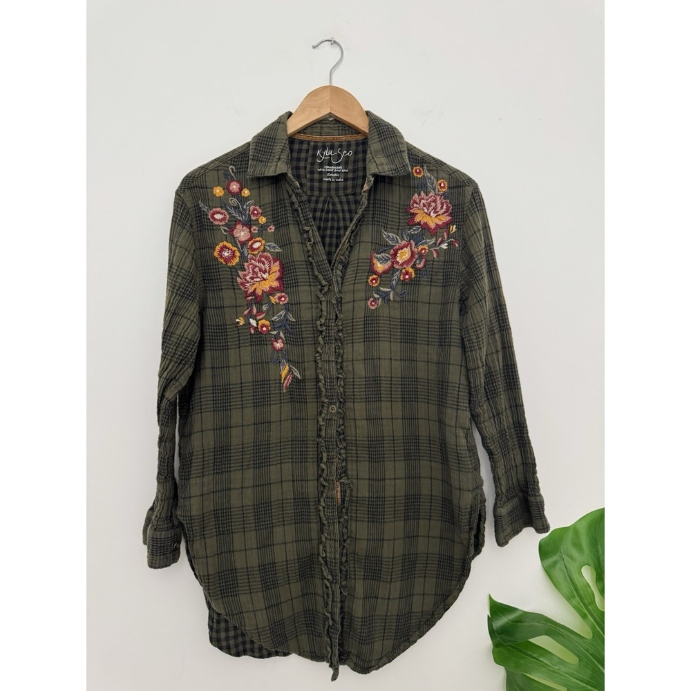 Kyla Seo‎ Shirt Womens  Plaid Button Down Embroidered Floral Boho Small